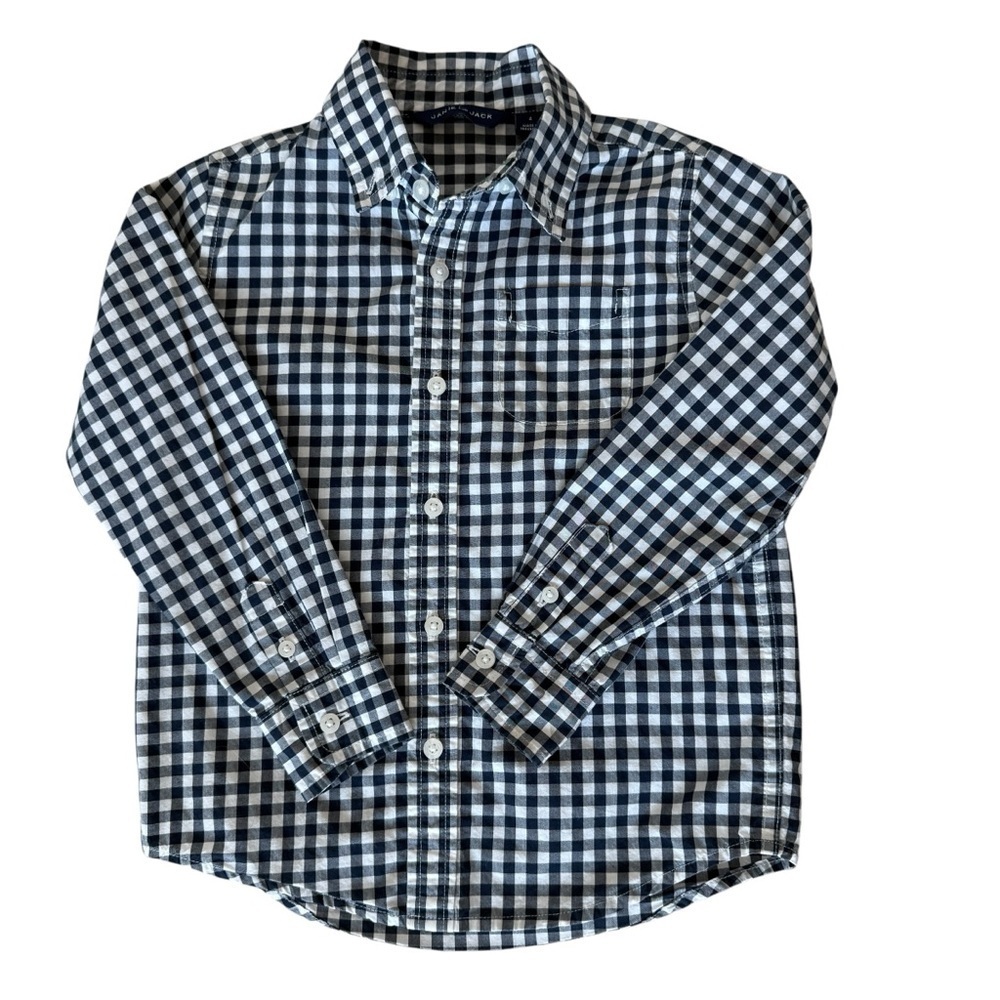 Janie and Jack Boys Sz 4 Navy & White Gingham Long Sleeve Button-Up Shirt Casual